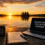 Laptop, notebook and coffee beside a calm lake during a quiet Friday of online business progress