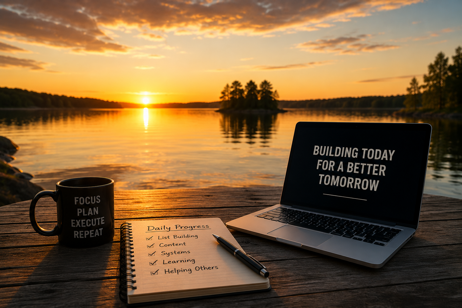 Laptop, notebook and coffee beside a calm lake during a quiet Friday of online business progress
