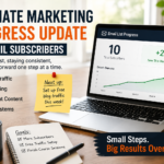 Affiliate marketing progress with 10 email subscribers, list building, rotator traffic, and better online business systems