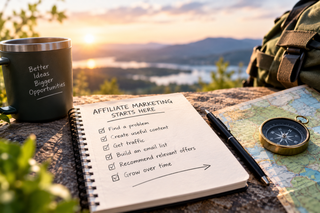 Affiliate marketing for beginners with no audience, showing a simple path from useful content and traffic to email subscribers and relevant offers
