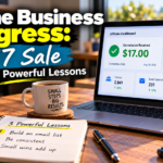 Online business progress showing a $17 affiliate commission and three lessons about email marketing, consistency and building online income.