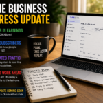 Online business progress showing $642.38 in ClickBank earnings, five new subscribers and an automated traffic system now live