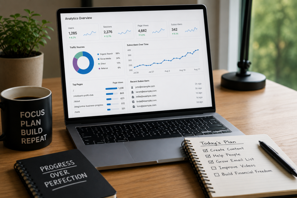 Online business progress with two new email subscribers, coaching feedback on a first YouTube video and continued organic traffic work