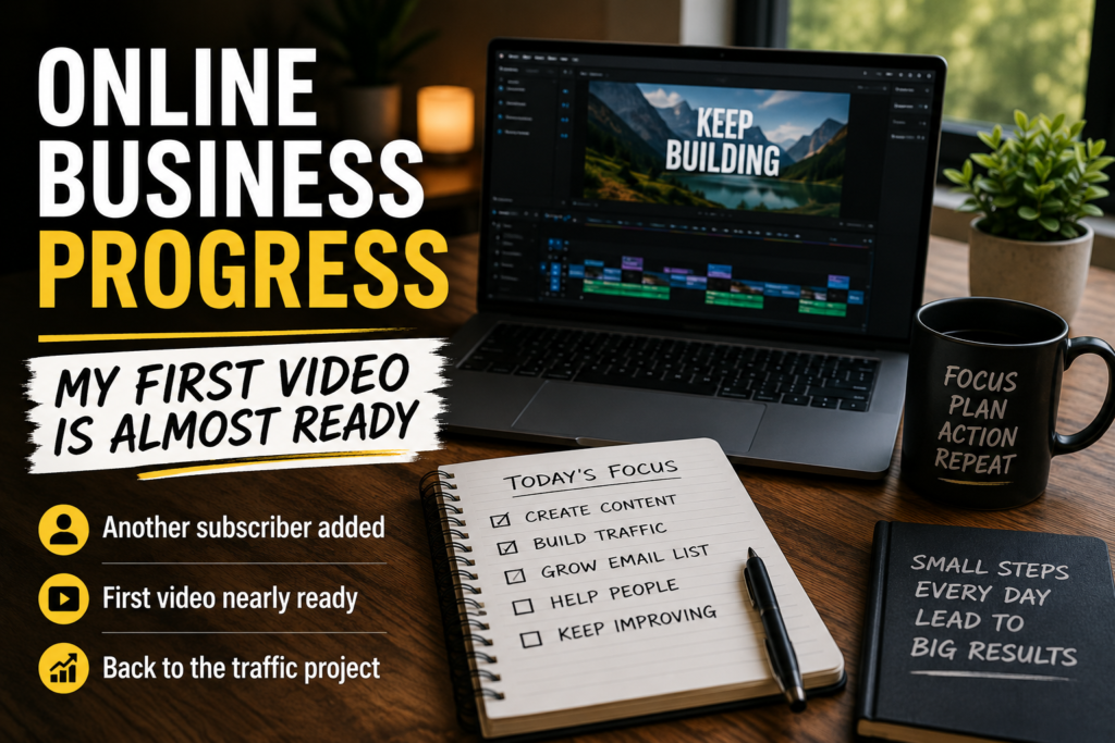 Online business progress with first YouTube video nearly ready, CapCut editing, email list growth and organic traffic work