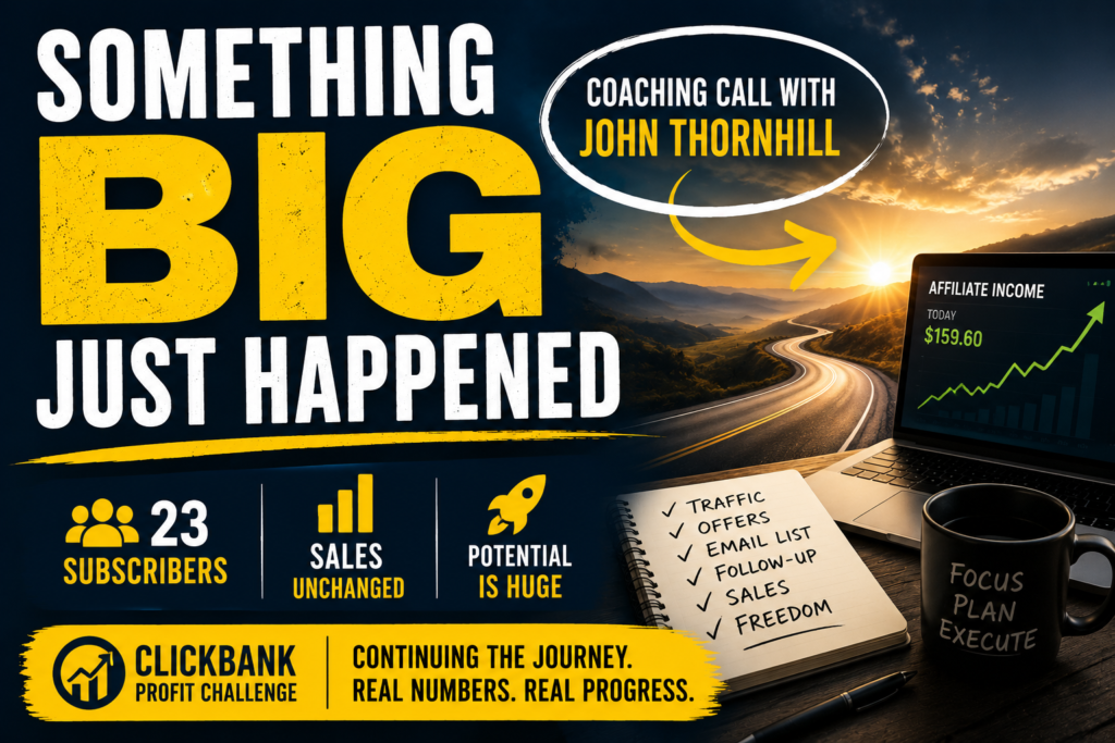 Affiliate marketing journey graphic showing 23 subscribers, the ClickBank Profit Challenge, and a coaching call with John Thornhill, with a road symbolizing future growth.