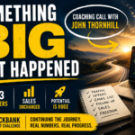 Affiliate marketing journey graphic showing 23 subscribers, the ClickBank Profit Challenge, and a coaching call with John Thornhill, with a road symbolizing future growth.