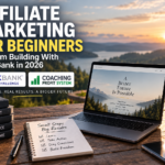 Affiliate marketing for beginners workspace showing ClickBank, content creation, traffic, audience building and online income goals in a scenic outdoor setting.