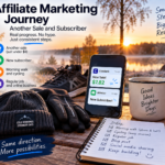 Affiliate marketing journey update showing a new sale, a new subscriber, a cold morning walk and an easy cycling session.