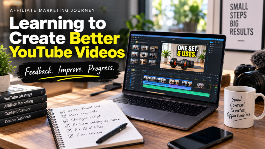 Affiliate marketing workspace with a laptop showing a YouTube video editing project and a checklist for improving thumbnails, scripts and AI content.