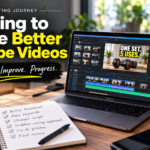 Affiliate marketing workspace with a laptop showing a YouTube video editing project and a checklist for improving thumbnails, scripts and AI content.
