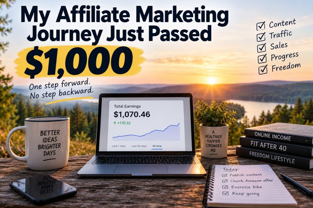 Affiliate marketing journey milestone showing over $1,000 in total earnings, with a laptop dashboard, sunrise landscape and motivational online business imagery.