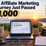 Affiliate marketing journey milestone showing over $1,000 in total earnings, with a laptop dashboard, sunrise landscape and motivational online business imagery.