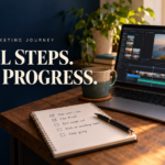Affiliate marketing journey: a laptop with a video editing timeline, a planning notebook and a subscriber message.