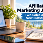 Affiliate marketing journey featured image showing two new affiliate sales, one new subscriber, a laptop dashboard and a weekly content checklist.