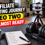 Affiliate marketing journey featured image showing adjustable dumbbells, a phone recording setup, coffee, and a Video 2 checklist in a home gym.