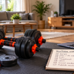 Affiliate marketing journey featured image showing adjustable dumbbells, a YouTube video checklist, laptop, and home workout setup in a living room.