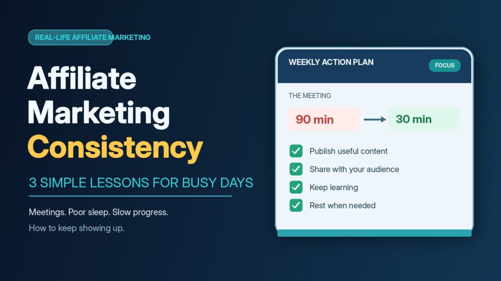 Affiliate marketing consistency illustrated by a weekly action plan, a 90-minute meeting and practical steps for maintaining an online business during busy days.