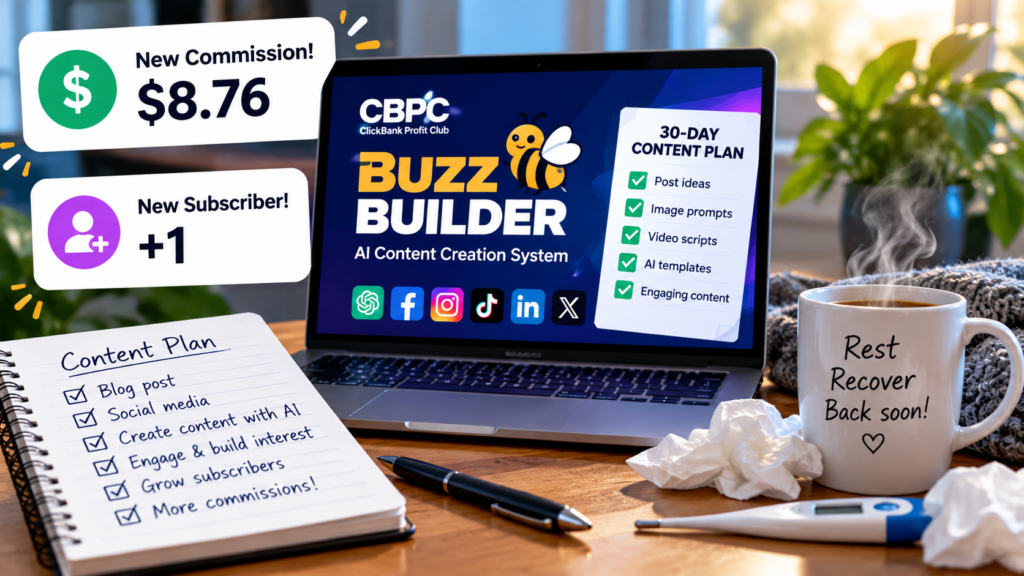 Affiliate marketing content plan featuring CBPC Buzz Builder, a new $8.76 commission, one new subscriber and AI-assisted social media planning.