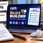 Affiliate marketing content plan featuring CBPC Buzz Builder, a new $8.76 commission, one new subscriber and AI-assisted social media planning.