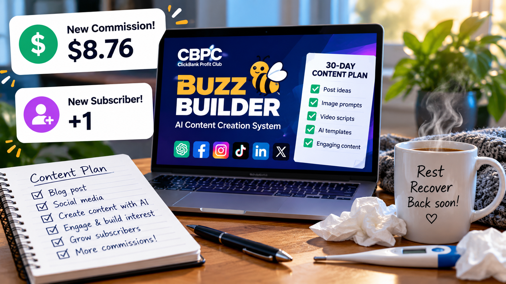 Affiliate marketing content plan featuring CBPC Buzz Builder, a new $8.76 commission, one new subscriber and AI-assisted social media planning.
