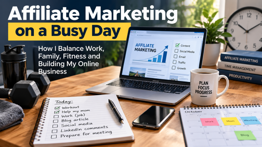 Affiliate marketing time management with a laptop, daily planner, fitness equipment and calendar showing how to balance work, family and an online business.