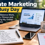 Affiliate marketing time management with a laptop, daily planner, fitness equipment and calendar showing how to balance work, family and an online business.