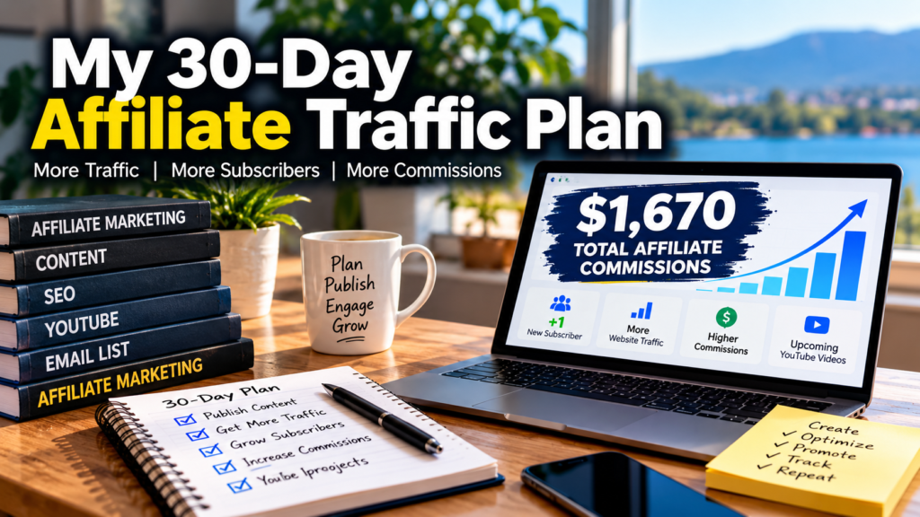 Affiliate marketing traffic plan showing a 30-day strategy for increasing website traffic, growing email subscribers and building an online business, with $1,670 in total affiliate commissions.