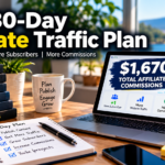 Affiliate marketing traffic plan showing a 30-day strategy for increasing website traffic, growing email subscribers and building an online business, with $1,670 in total affiliate commissions.