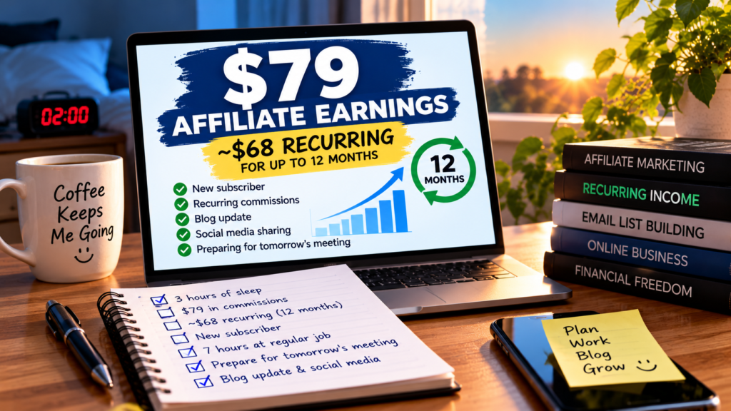 Recurring affiliate commissions showing $79 in earnings and approximately $68 in potential recurring commissions for up to 12 months.