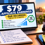 Recurring affiliate commissions showing $79 in earnings and approximately $68 in potential recurring commissions for up to 12 months.