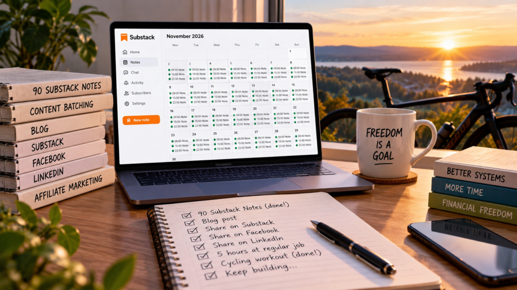 Social media content batching workspace showing 90 Substack Notes, a content calendar, laptop, cycling equipment and financial freedom goals.