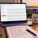 Social media content batching workspace showing 90 Substack Notes, a content calendar, laptop, cycling equipment and financial freedom goals.