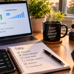 Subscriber engagement and affiliate marketing workspace showing $1,700 in earnings, email subscribers, YouTube planning and fitness equipment.
