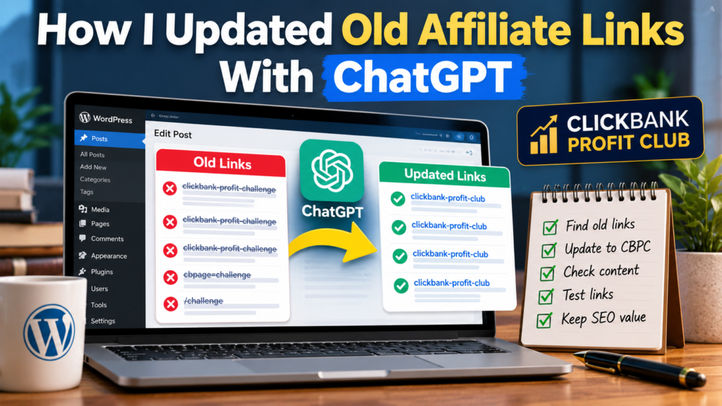 How to update affiliate links in WordPress with ChatGPT, replacing expired ClickBank Profit Challenge links with ClickBank Profit Club links.